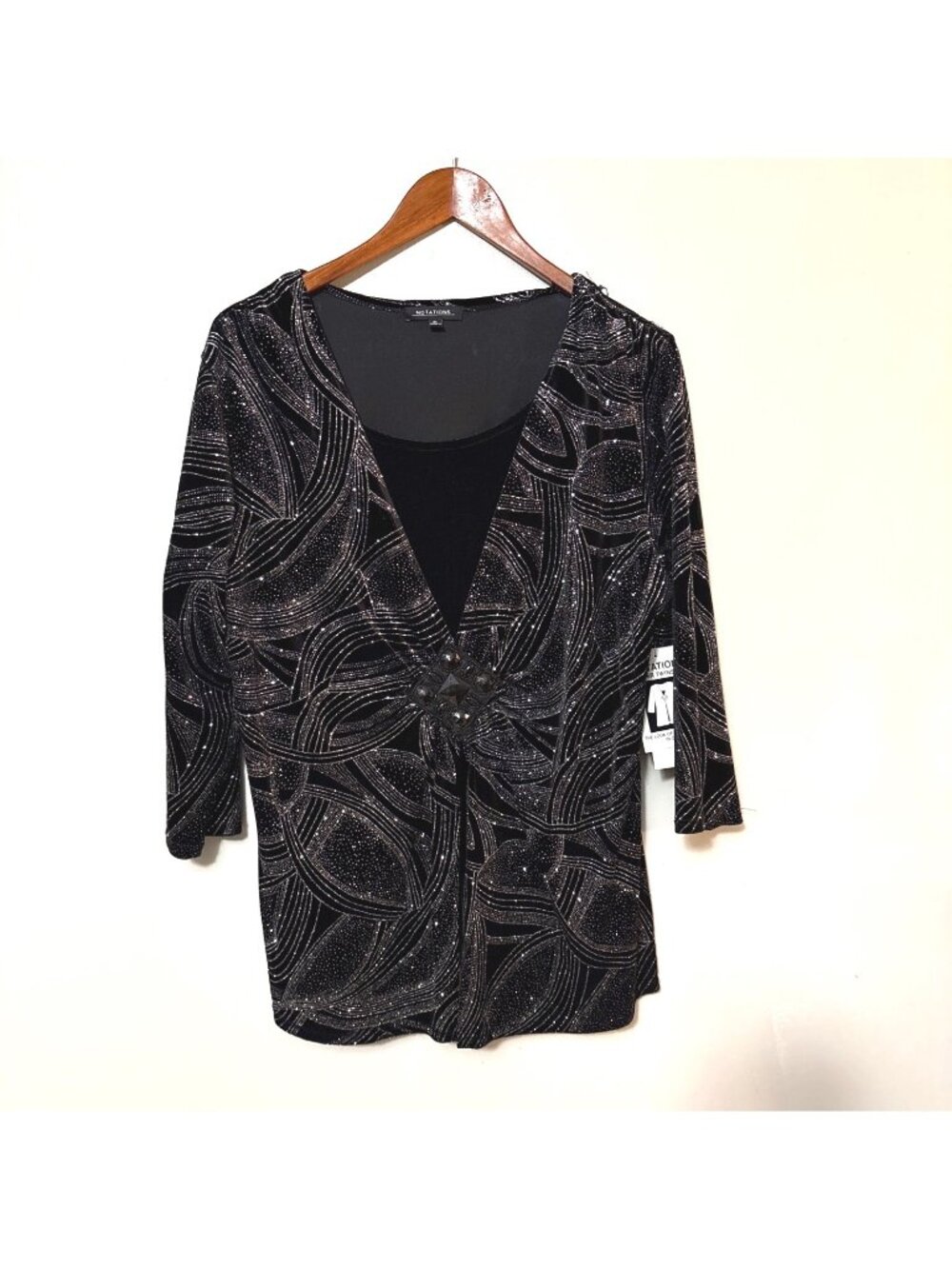 NET Notations XL Black Velvet 3/4 sleeve empress top with built in tank silver - Picture 1 of 8